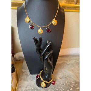Byzantine Inspired Gold Tone Red Gemstone Necklace & Bracelet Set
